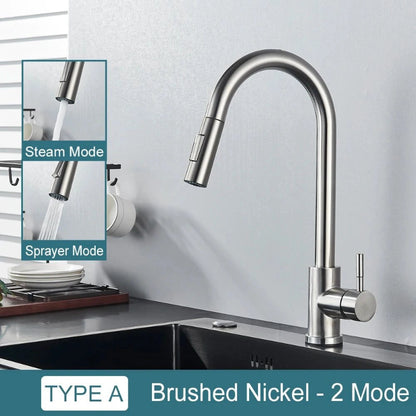 Pull-Down Kitchen Faucet with Dual Modes & Dual Handle type a brushed nickel
