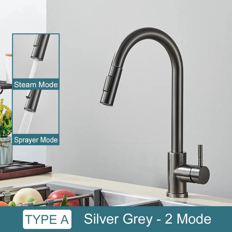 Pull-Down Kitchen Faucet with Dual Modes & Dual Handle type a silver grey