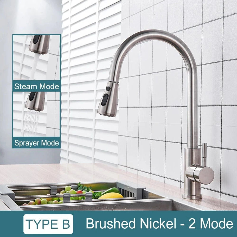 Pull-Down Kitchen Faucet with Dual Modes & Dual Handle type b  brushed nickel