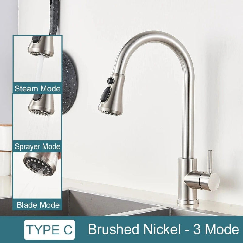Pull-Down Kitchen Faucet with Dual Modes & Dual Handle type c brushed nickel