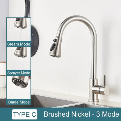 Pull-Down Kitchen Faucet with Dual Modes & Dual Handle type c brushed nickel