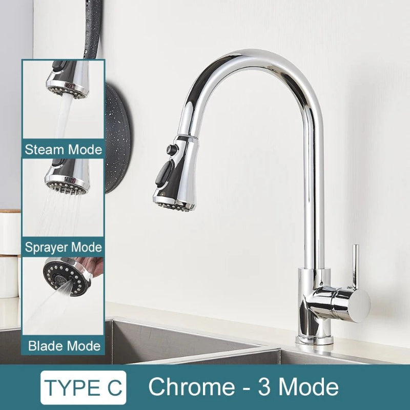 Pull-Down Kitchen Faucet with Dual Modes & Dual Handle type c chrome